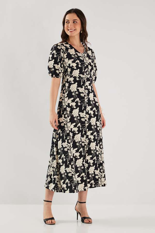 Printed-Blended-Fabric-V-Neck-Women-s-Maxi-Dress