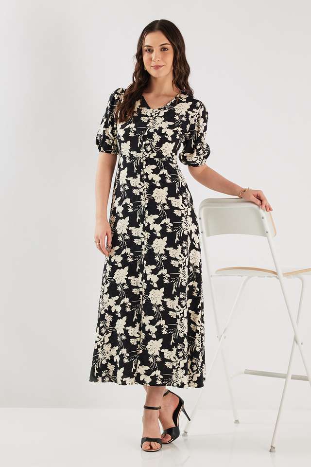 Printed-Blended-Fabric-V-Neck-Women-s-Maxi-Dress