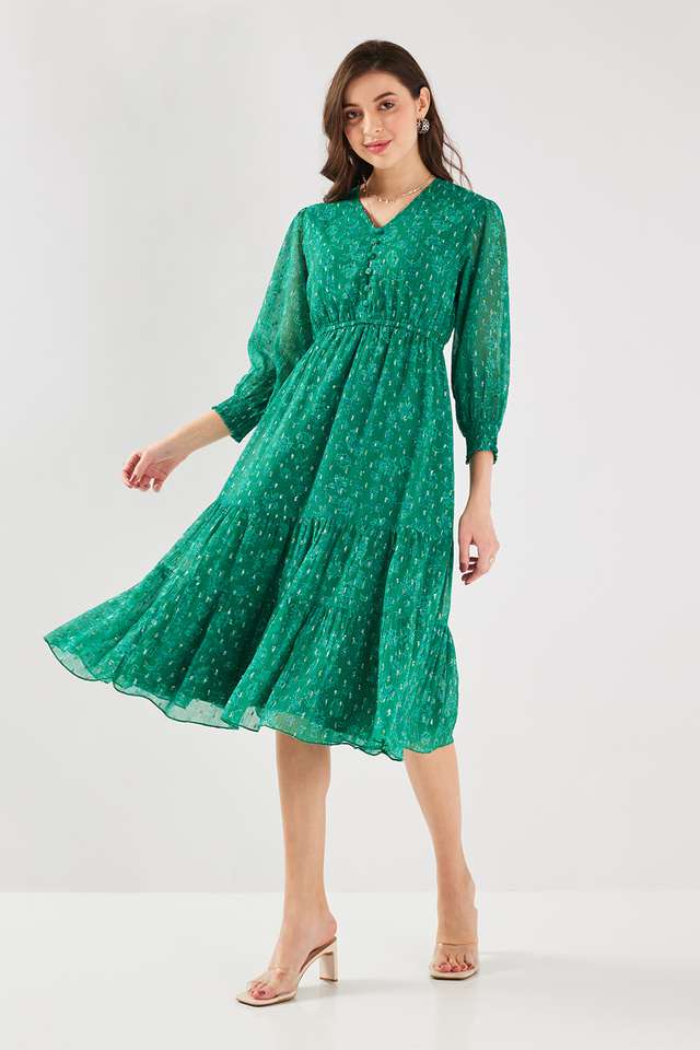 Stripes-Chiffon-V-Neck-Women-s-Midi-Dress