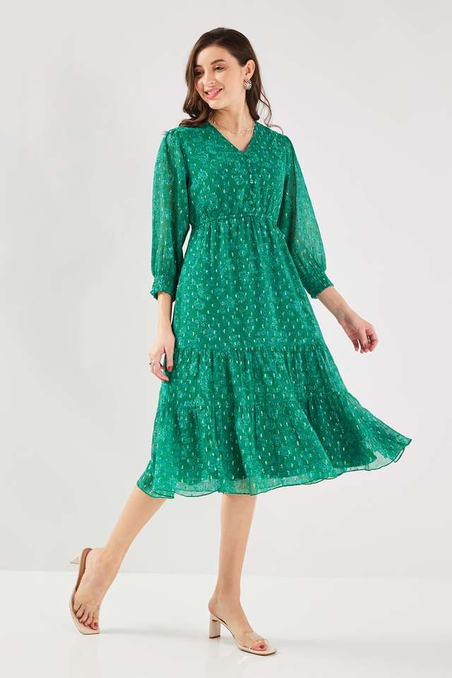 Stripes-Chiffon-V-Neck-Women-s-Midi-Dress