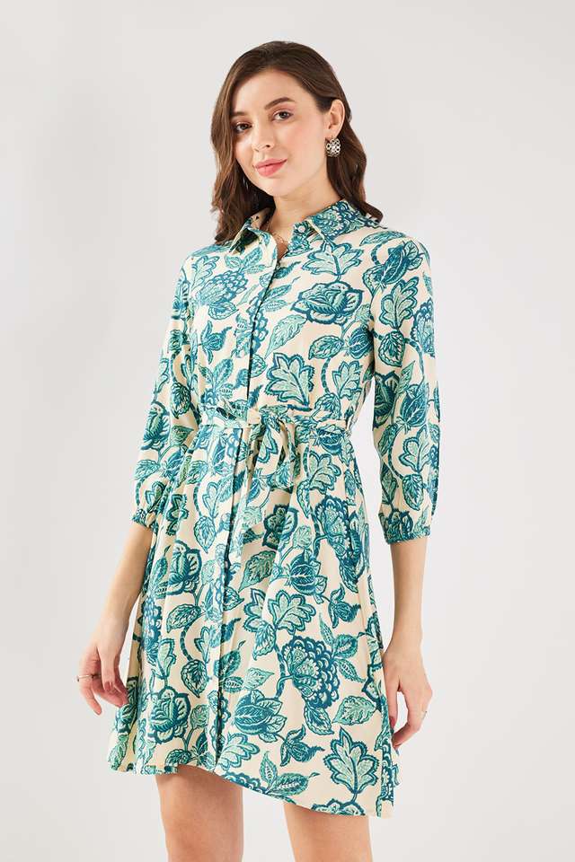 Printed-Blended-Fabric-V-Neck-Women-s-Knee-Length-Dress