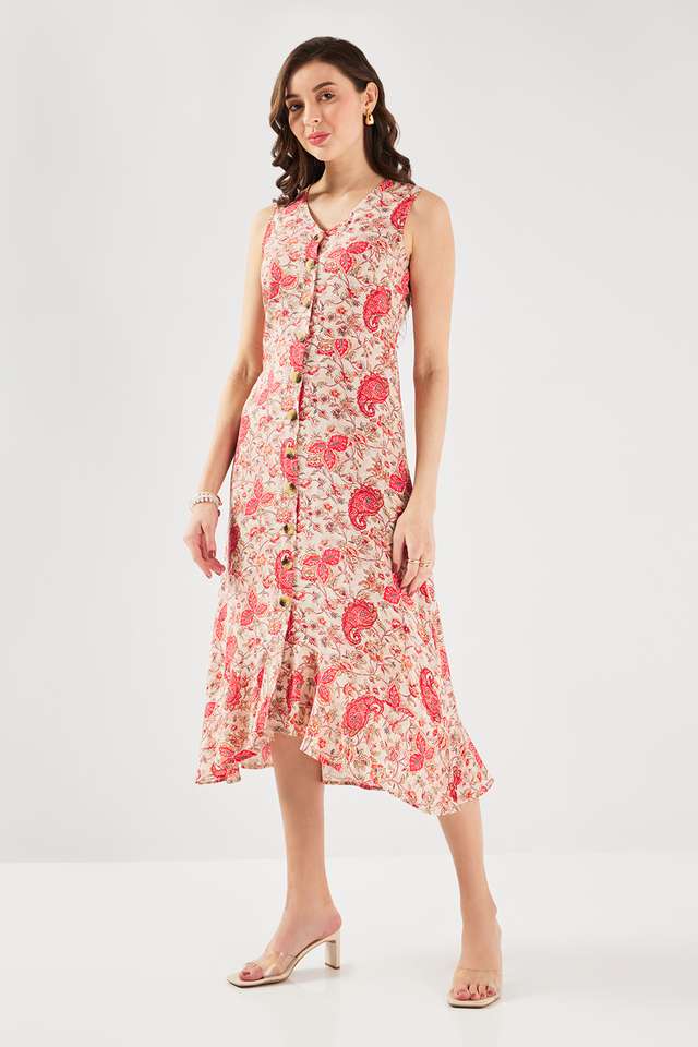 Printed-Blended-Fabric-V-Neck-Women-s-Maxi-Dress