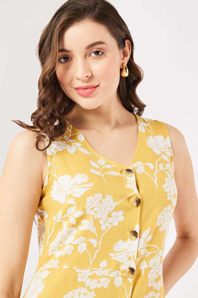 Printed-V-Neck-Blended-Fabric-Women-Dress