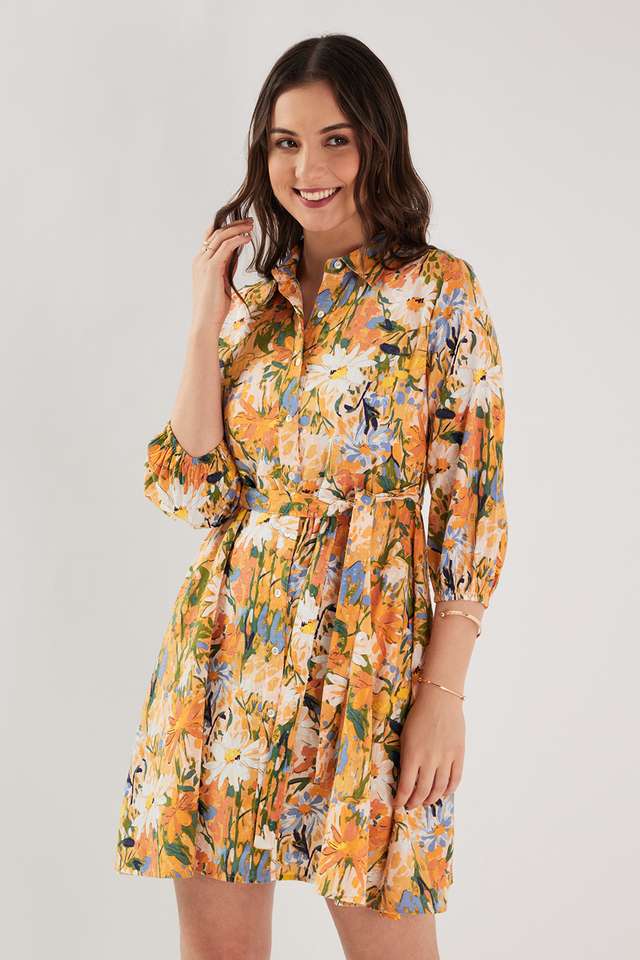 Printed-Blended-Fabric-V-Neck-Women-s-Knee-Length-Dress