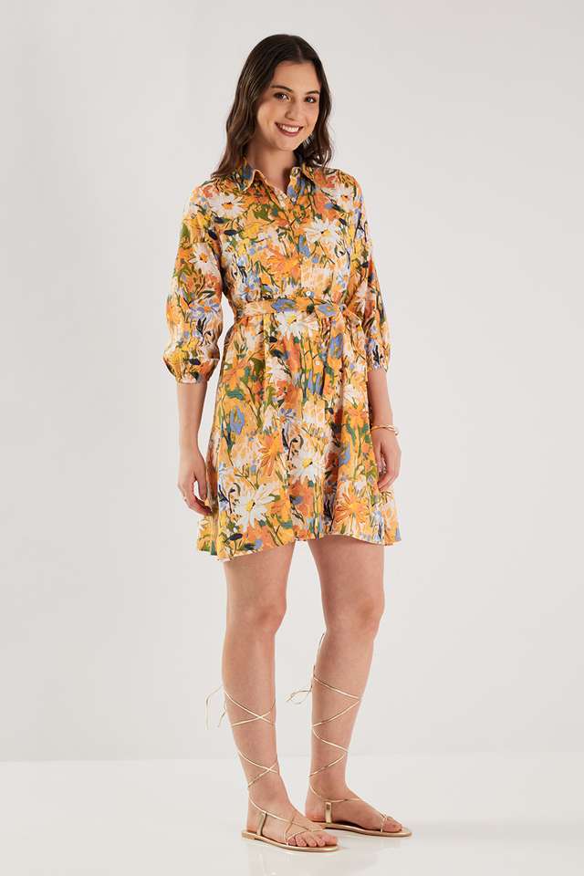 Printed-Blended-Fabric-V-Neck-Women-s-Knee-Length-Dress