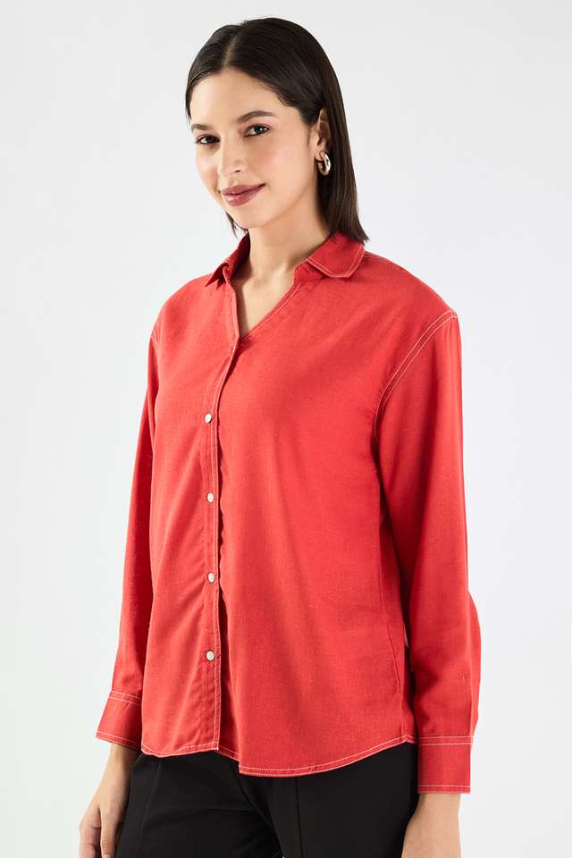 Solid-Collared-Blended-Fabric-Women-s-Casual-Wear-Shirt