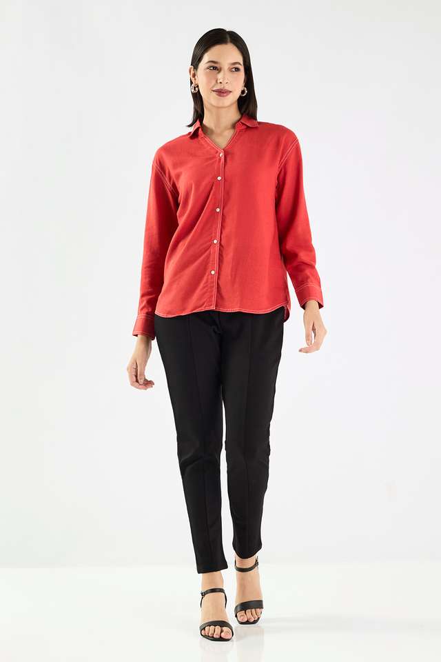 Solid-Collared-Blended-Fabric-Women-s-Casual-Wear-Shirt