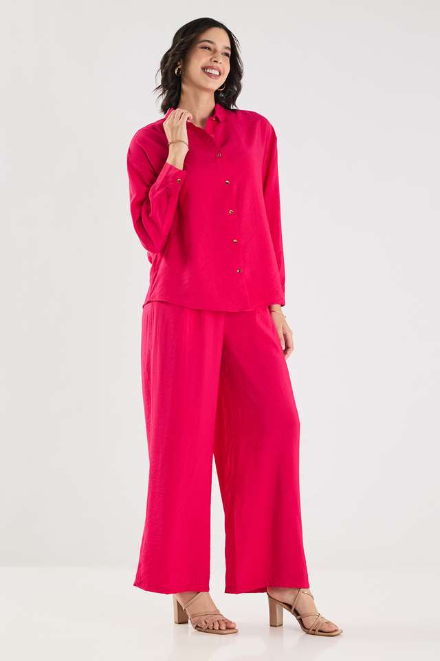 Solid-Ankle-Length-Blended-Fabric-Woven-Women-s-Co-Ord-Set