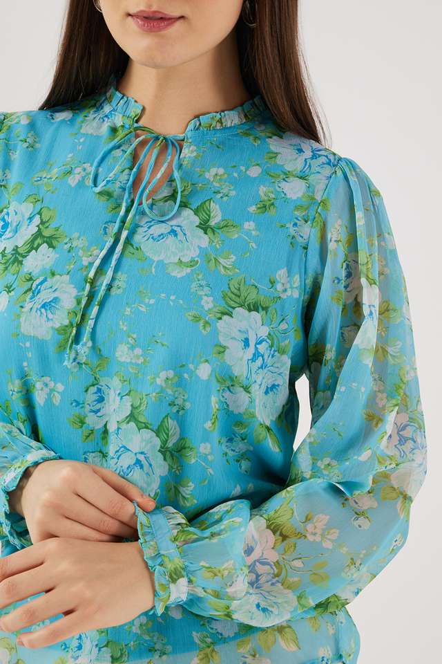 Buy FRATINI blue Floral Chiffon Tie Up Neck Women Top | Shoppers Stop