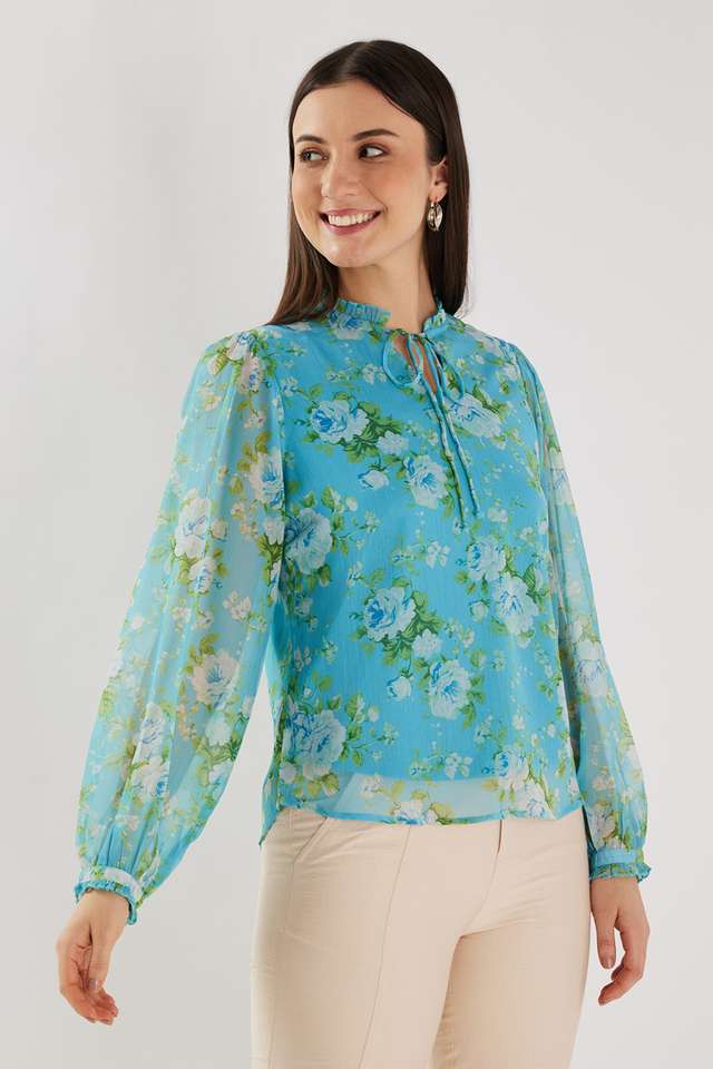 Buy FRATINI blue Floral Chiffon Tie Up Neck Women Top | Shoppers Stop