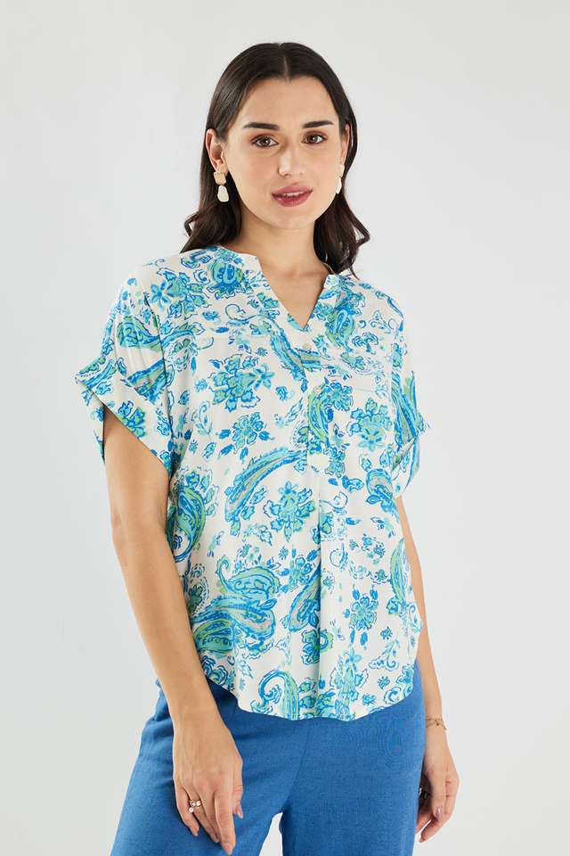 Printed-Blended-Fabric-V-Neck-Women-s-Top