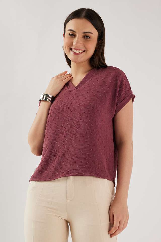 Dobby-Blended-Fabric-V-Neck-Women-s-Top