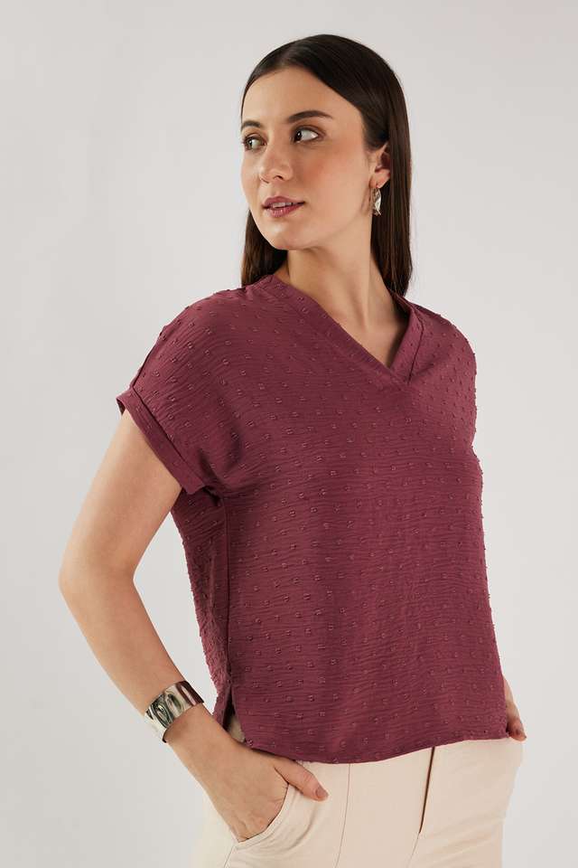 Dobby-Blended-Fabric-V-Neck-Women-s-Top