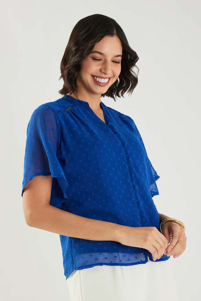 Dobby-Polyester-V-Neck-Women-s-Top