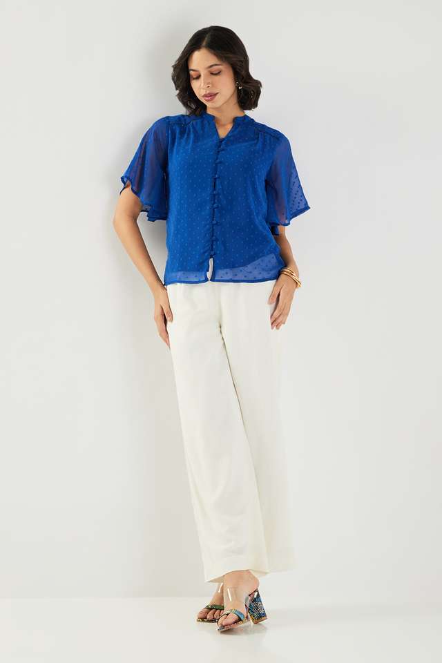 Dobby-Polyester-V-Neck-Women-s-Top