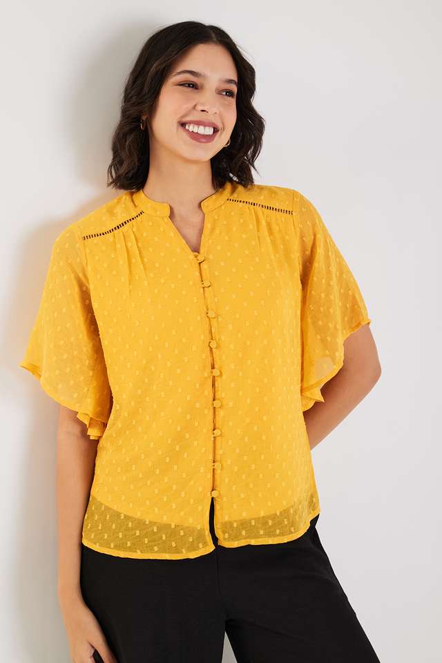 Dobby-Polyester-V-Neck-Women-s-Top