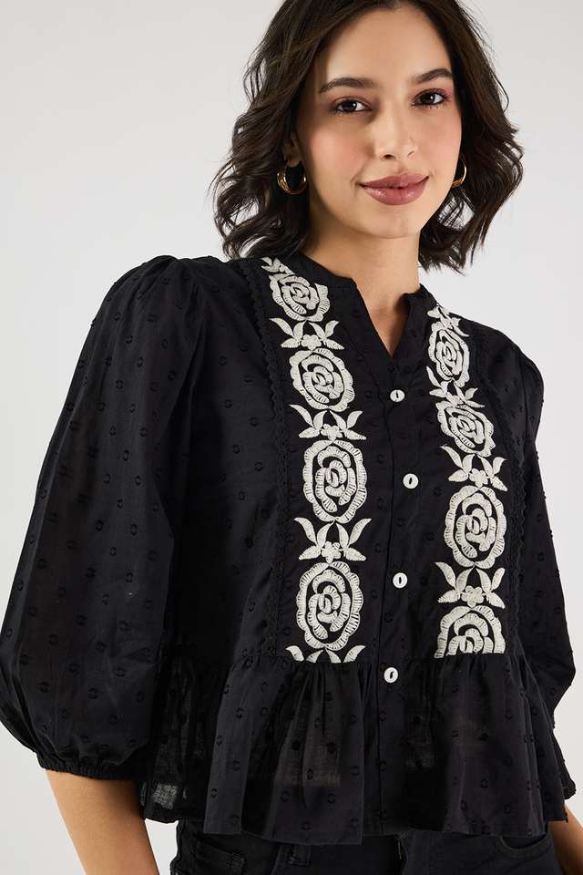 Embroidered-Cotton-V-Neck-Women-s-Top