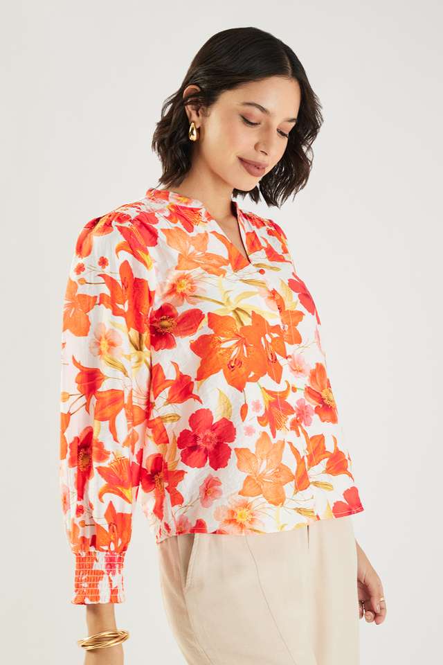 Printed-Blended-Fabric-V-Neck-Women-s-Top