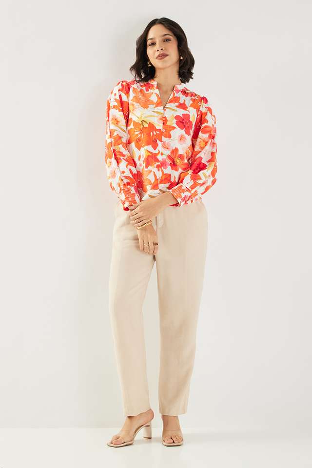 Printed-Blended-Fabric-V-Neck-Women-s-Top