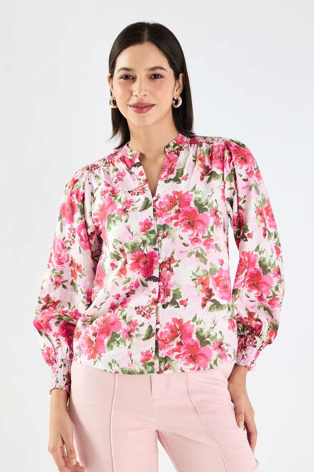 Printed-Blended-Fabric-V-Neck-Women-s-Top