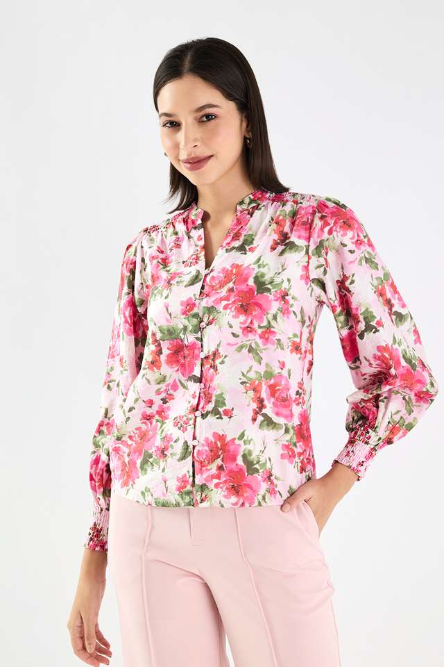 Printed-Blended-Fabric-V-Neck-Women-s-Top