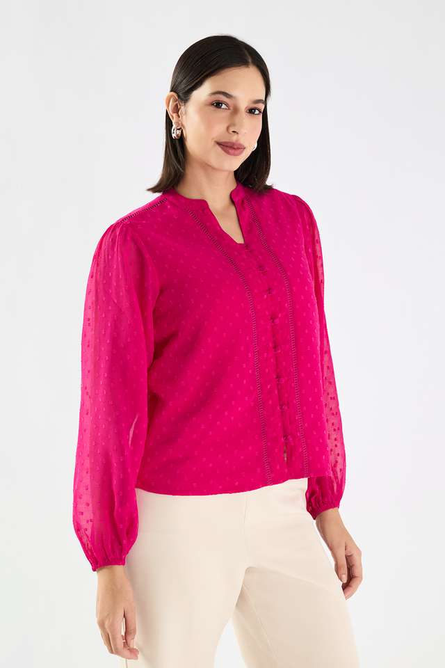 Dobby-Polyester-V-Neck-Women-s-Top