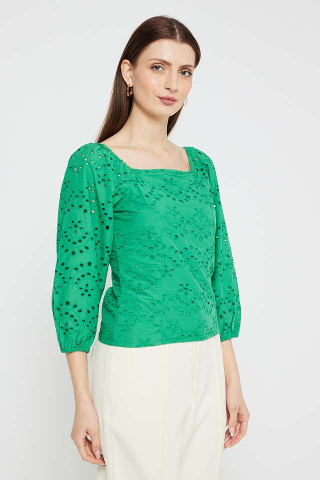 Schiffli-Blended-Fabric-Square-Neck-Women-s-Top