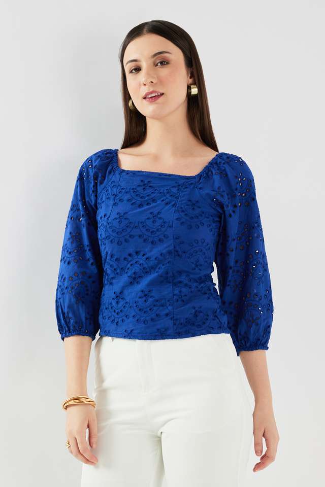 トップス andmary Paula lacey chiffon tops Blue ANDMARY】Paula lacey chiffon tops