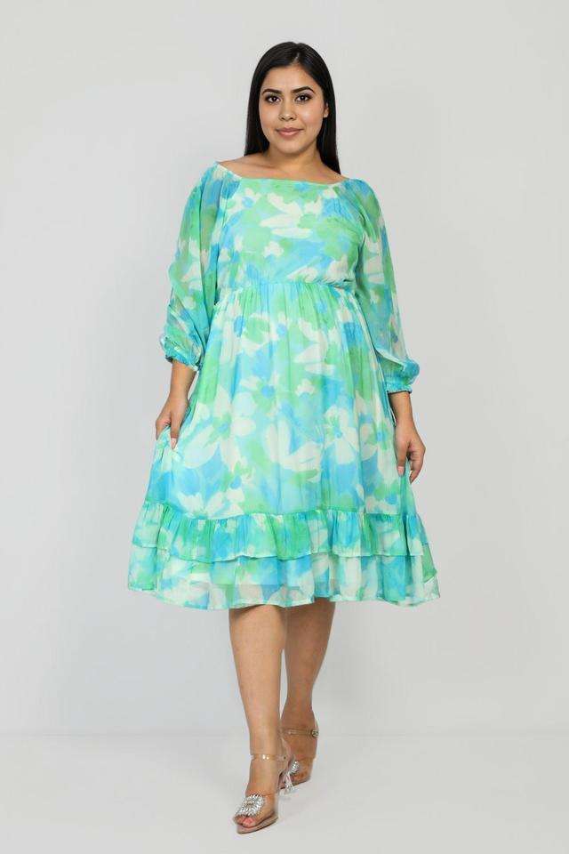 Plus-Size-Printed-V-Neck-Polyester-Women-s-Knee-Length-Dress