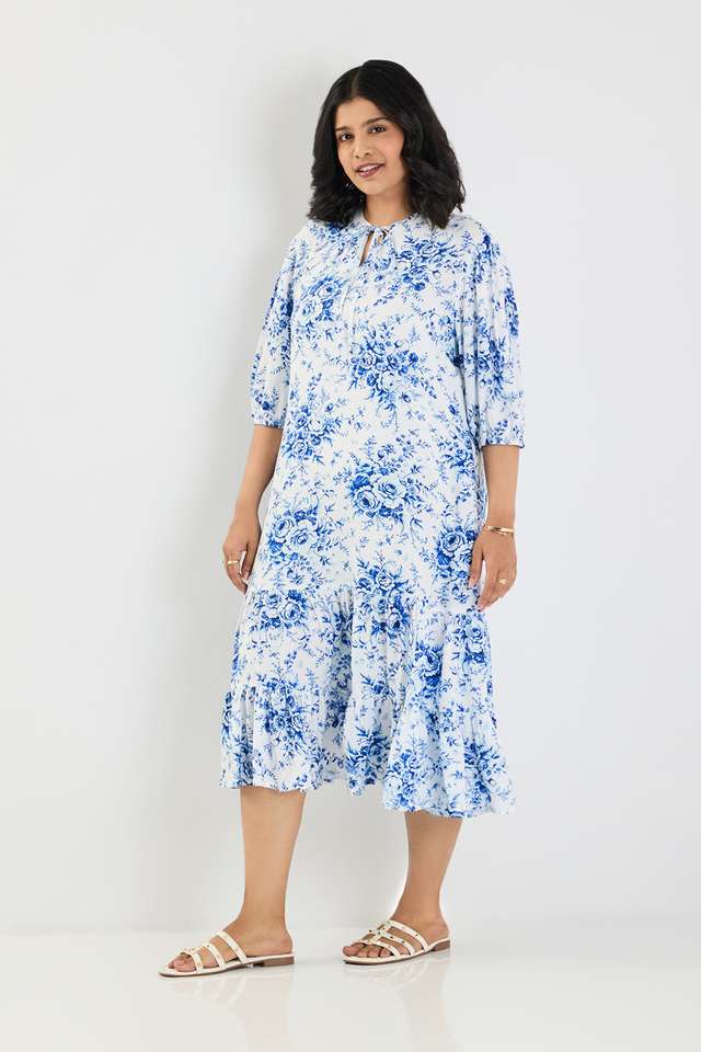 Buy U R YOU blue Plus Size Printed Collared Viscose Women's Knee