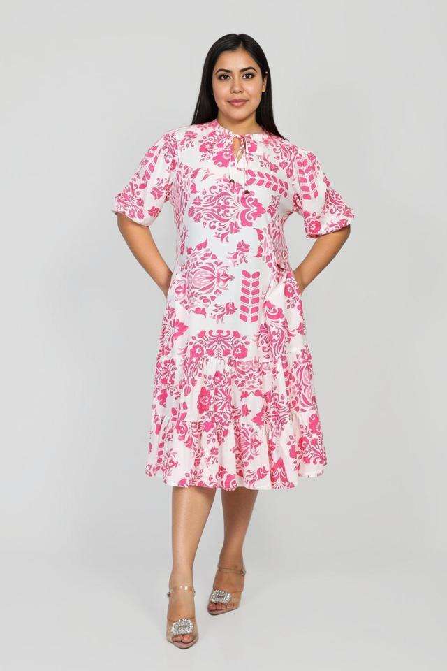 Plus-Size-Printed-Collared-Viscose-Women-s-Knee-Length-Dress