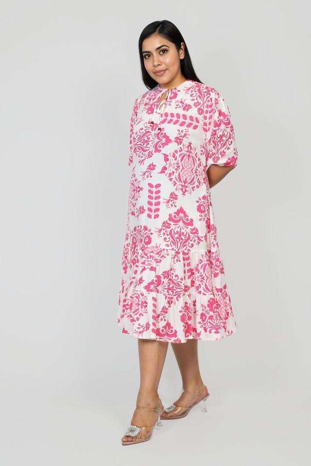 Plus-Size-Printed-Collared-Viscose-Women-s-Knee-Length-Dress
