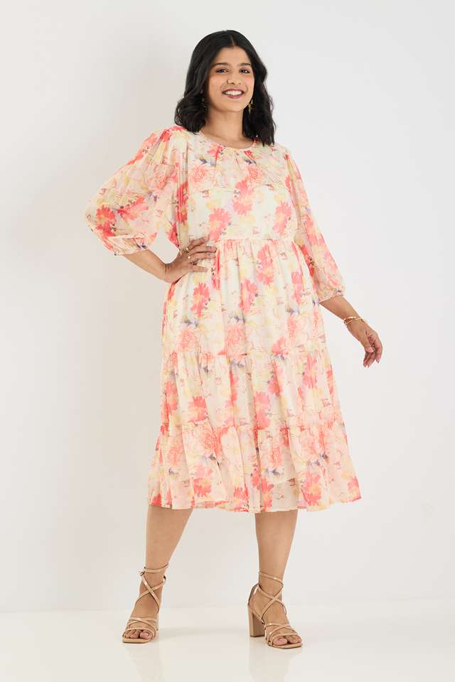 Plus-Size-Printed-Collared-Polyester-Women-s-Calf-Length-Tiered-Dress
