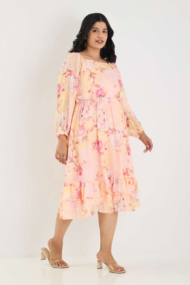Plus-Size-Printed-Collared-Polyester-Women-s-Calf-Length-Tiered-Dress