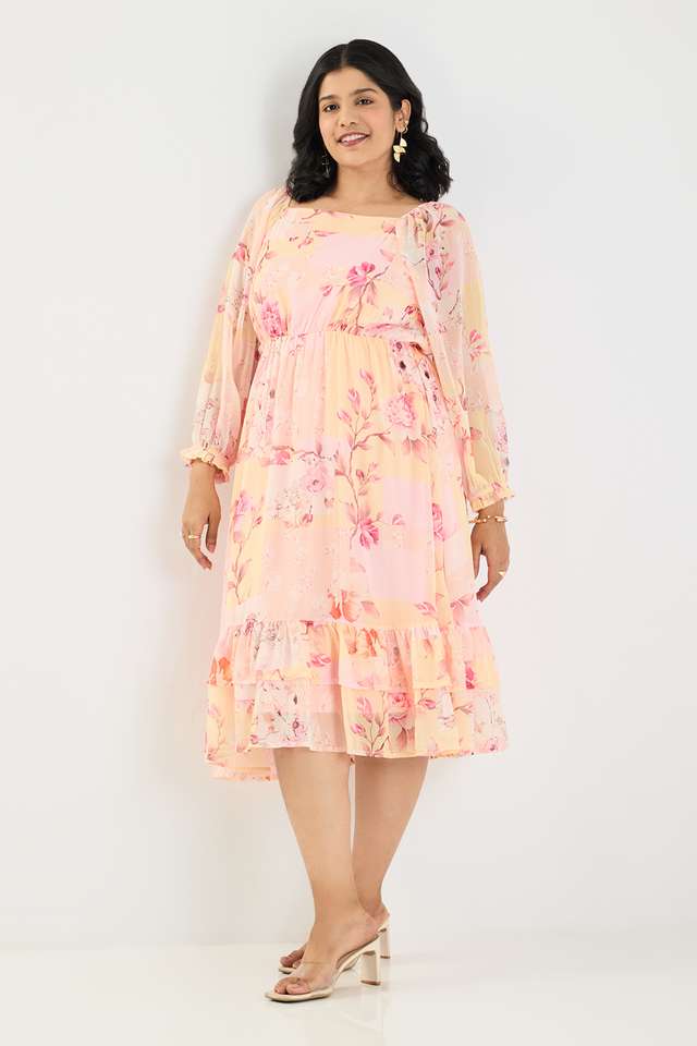 Plus-Size-Printed-Collared-Polyester-Women-s-Calf-Length-Tiered-Dress