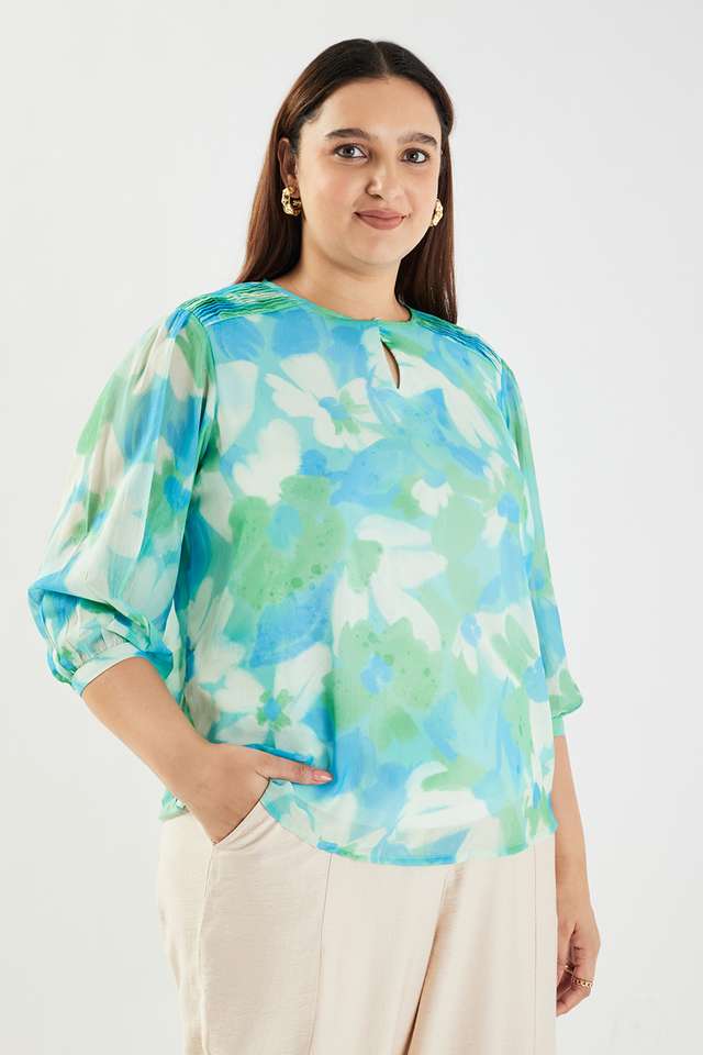 Plus-Size-Printed-Polyester-Collared-Women-s-Top