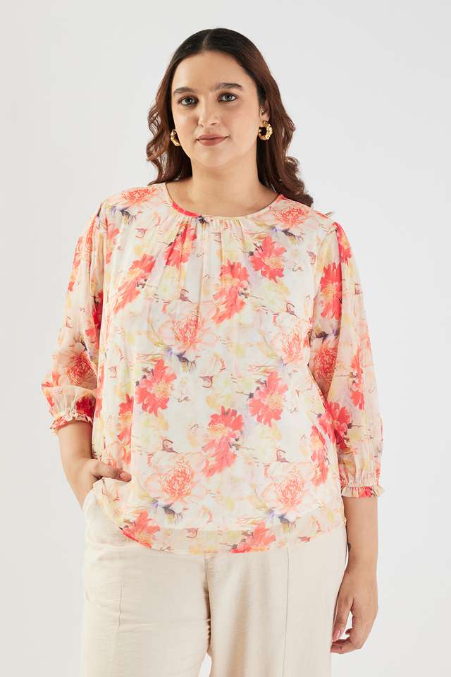 Plus-Size-Printed-Polyester-Collared-Women-s-Top