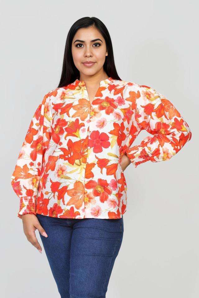 Plus-Size-Printed-Blended-Fabric-V-Neck-Women-s-Top