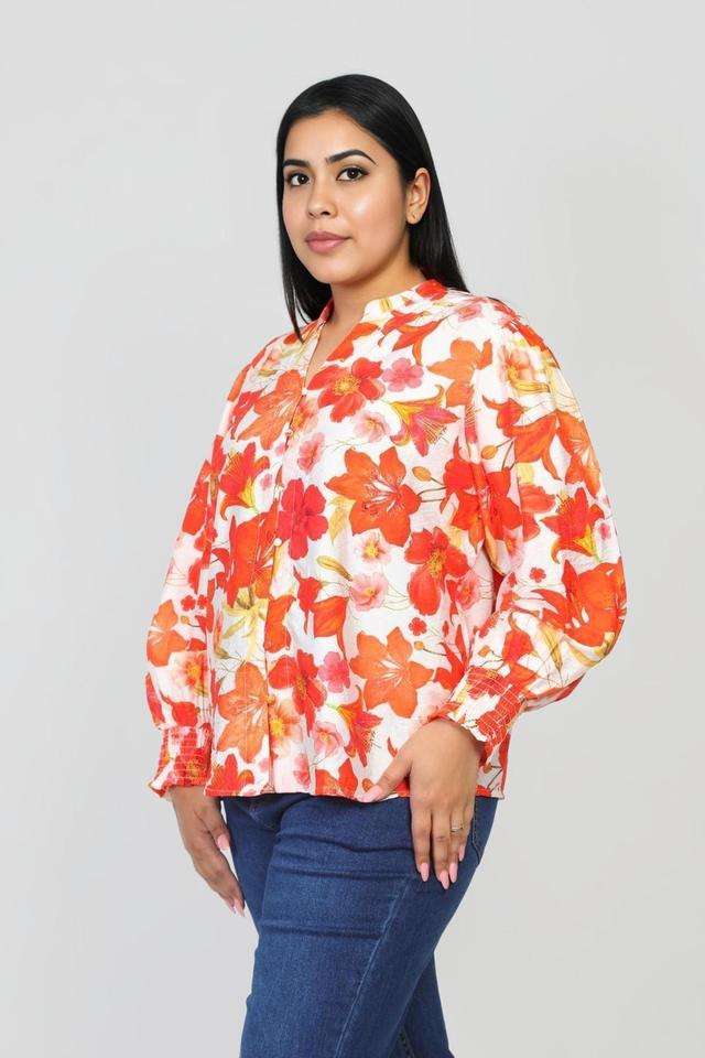 Plus-Size-Printed-Blended-Fabric-V-Neck-Women-s-Top