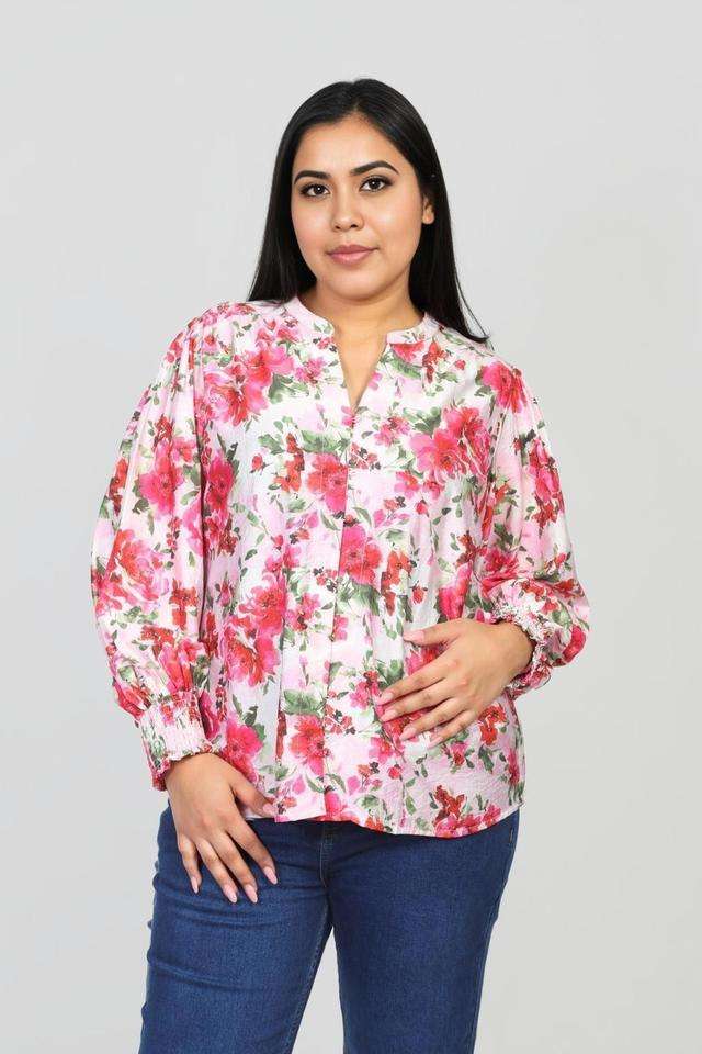 Plus-Size-Printed-Blended-Fabric-V-Neck-Women-s-Top