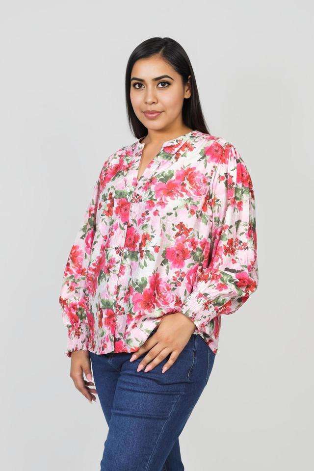 Plus-Size-Printed-Blended-Fabric-V-Neck-Women-s-Top