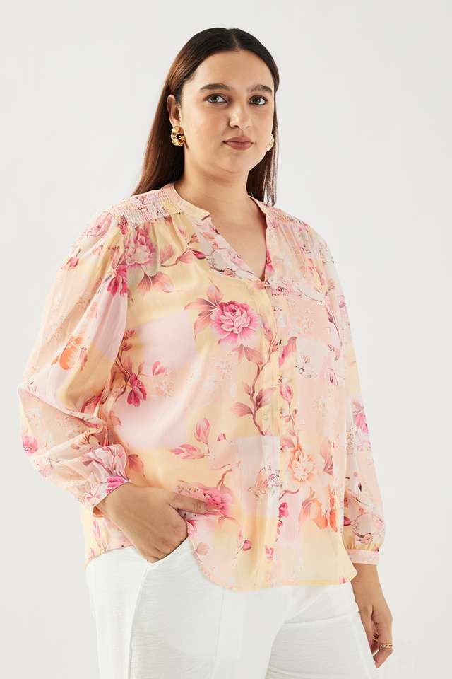 Plus-Size-Printed-Polyester-Collared-Women-s-Top