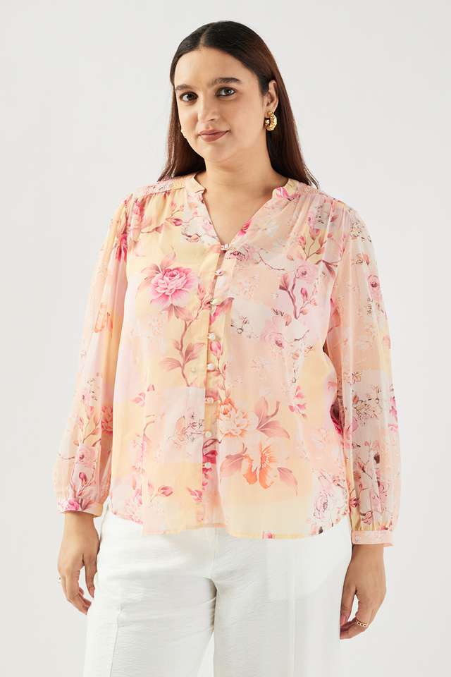 Plus-Size-Printed-Polyester-Collared-Women-s-Top