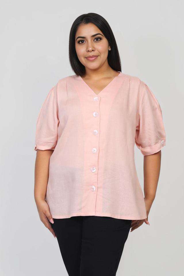 Plus-Size-Solid-Blended-Fabric-V-Neck-Women-s-Top