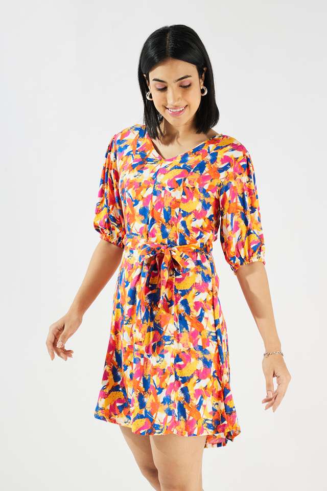 Printed-V-Neck-Viscose-Women-s-Knee-Length-Dress