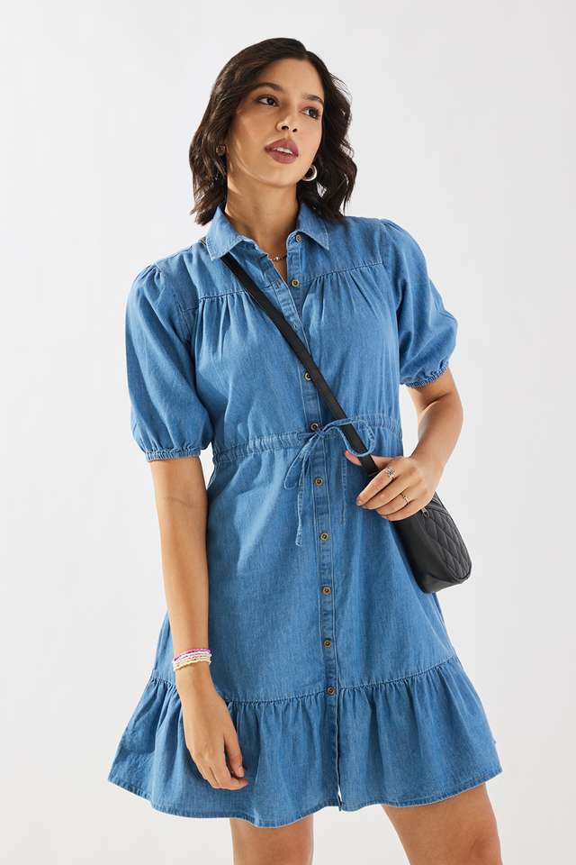 Solid-Collared-Cotton-Women-s-Knee-Length-Dress