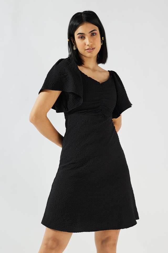 Solid-Square-Neck-Blended-Fabric-Women-s-Knee-Length-Dress