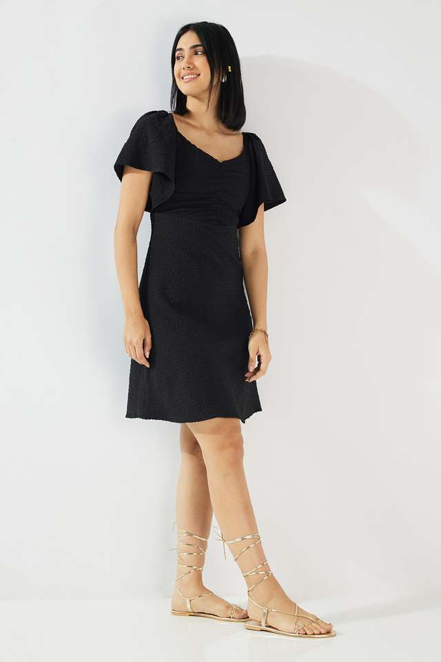 Solid-Square-Neck-Blended-Fabric-Women-s-Knee-Length-Dress