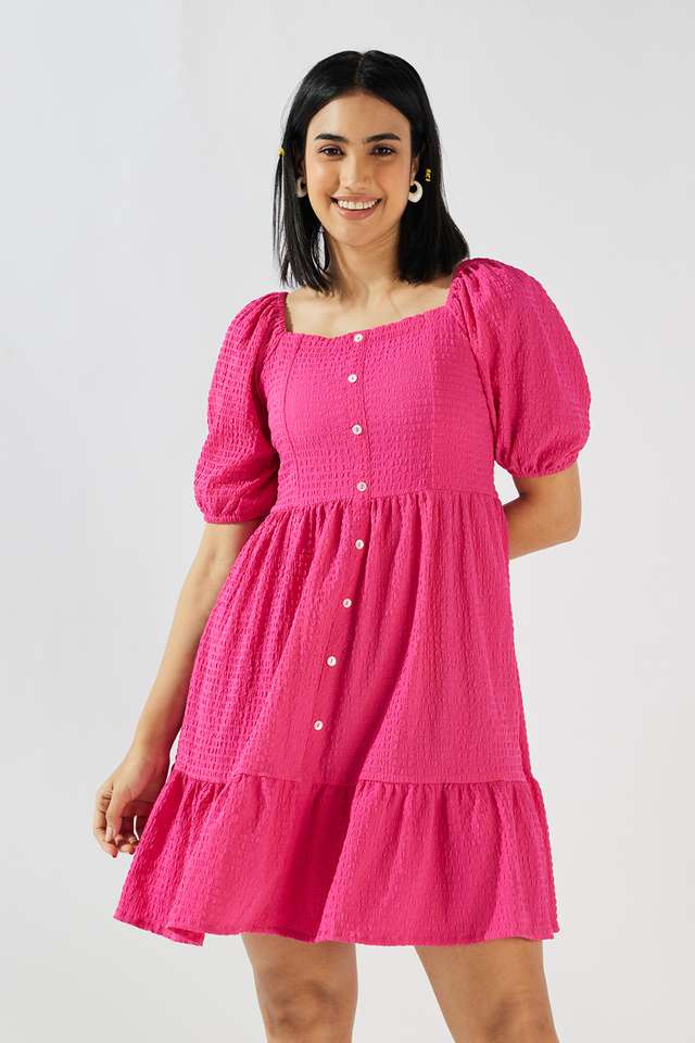Solid-Square-Neck-Blended-Fabric-Women-s-Knee-Length-Dress