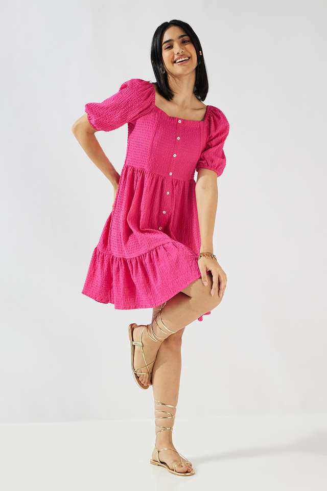 Solid-Square-Neck-Blended-Fabric-Women-s-Knee-Length-Dress